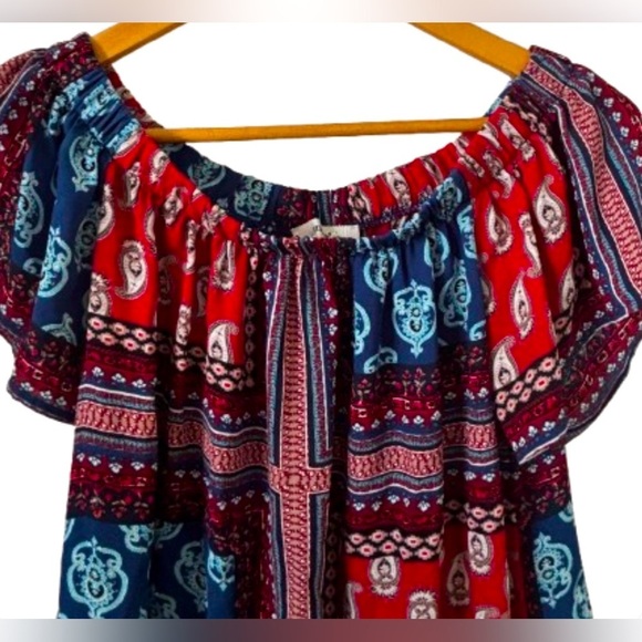 Meraki red & blu ptchwrk off the shldr top SZ M boho peasant farmcore - Picture 4 of 9